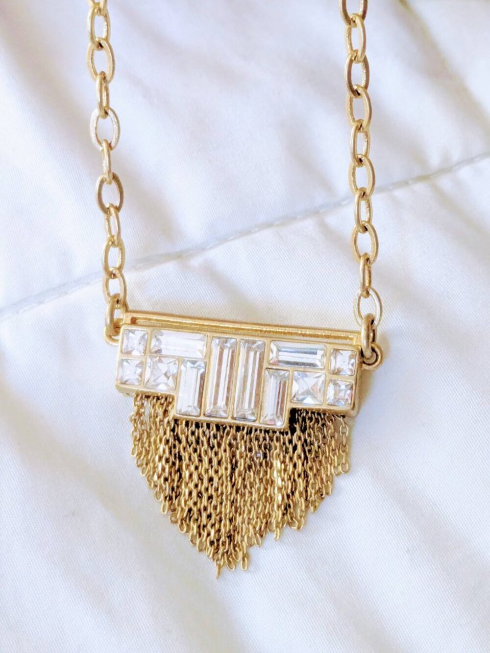 Lia Sophia Galactica Necklace Matte Gold Fringe Chain White Crystal Art Deco NWT